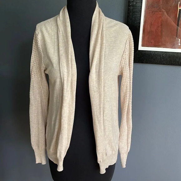 Joan Vass camel wool blend narrow shawl collar punched waffle sleeve cardigan. M - Picture 1 of 7
